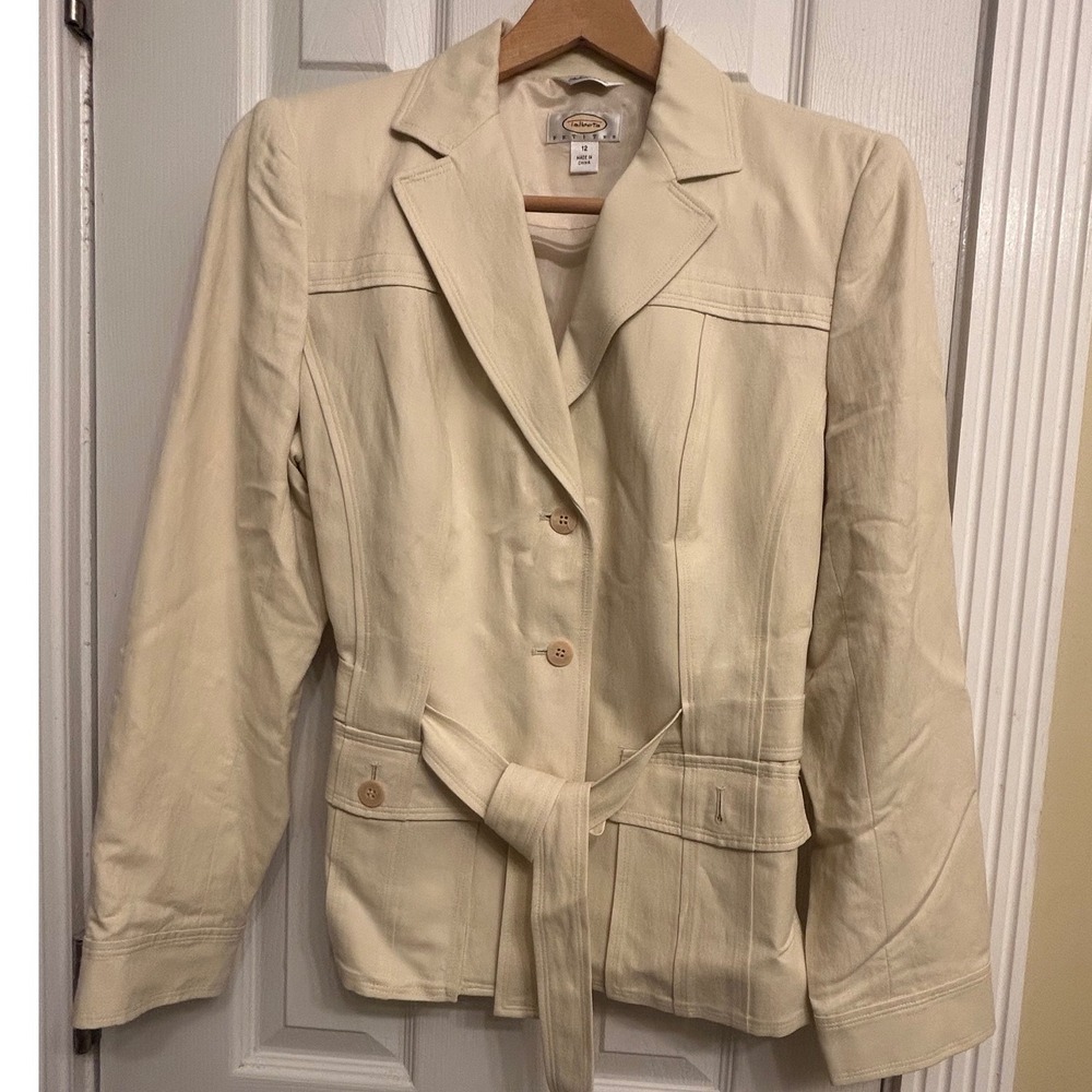 Talbots Petites Cream Linen Blend Belted Safari Blazer Jacket Italian Fabric 12P